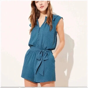 LOFT Petite XSP Clip-Dot Romper – Teal | Ruffle Sleeve, Belted, Lined